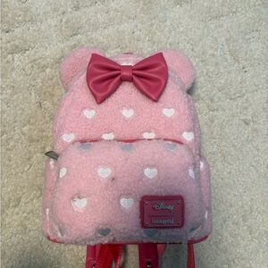 Loungefly Pink Sherpa Backpack with Bow & White Hearts